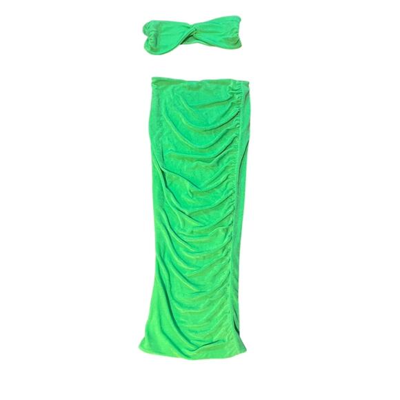 SEROYA Two Piece Julia  Tube Top Coord Midi Skirt Lime Green Slinky Sexy S NWT - Picture 7 of 8